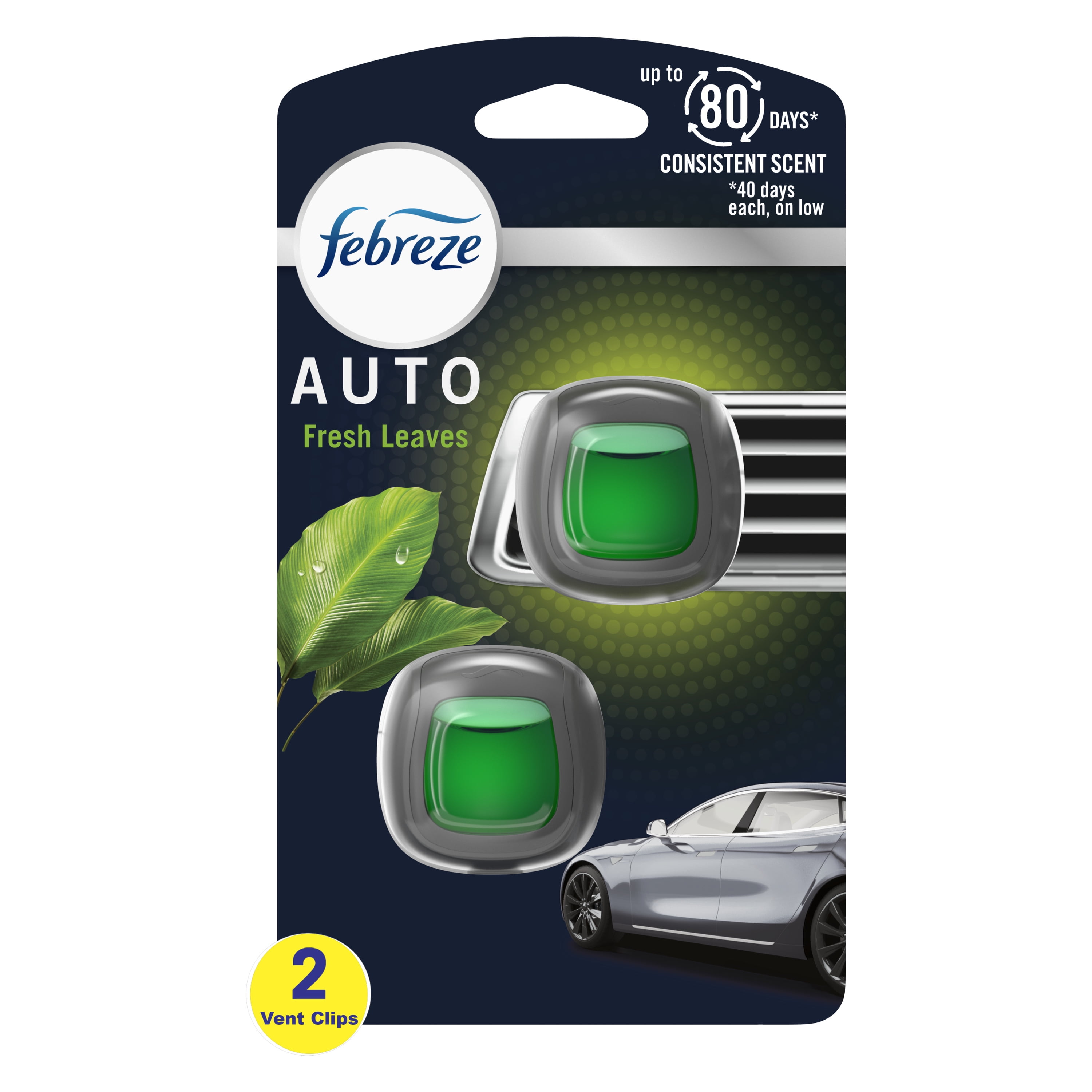 Febreze AUTO Air Freshener Vent Clip Fresh Leaves Scent, .06 oz Car Vent Clip, Pack of 2