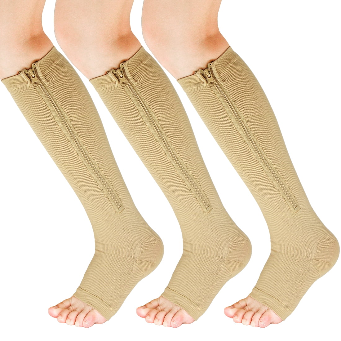 3 Pairs Easy On Zip compression Socks Toe Open Leg Support Stocking Knee High Socks For Men Women 