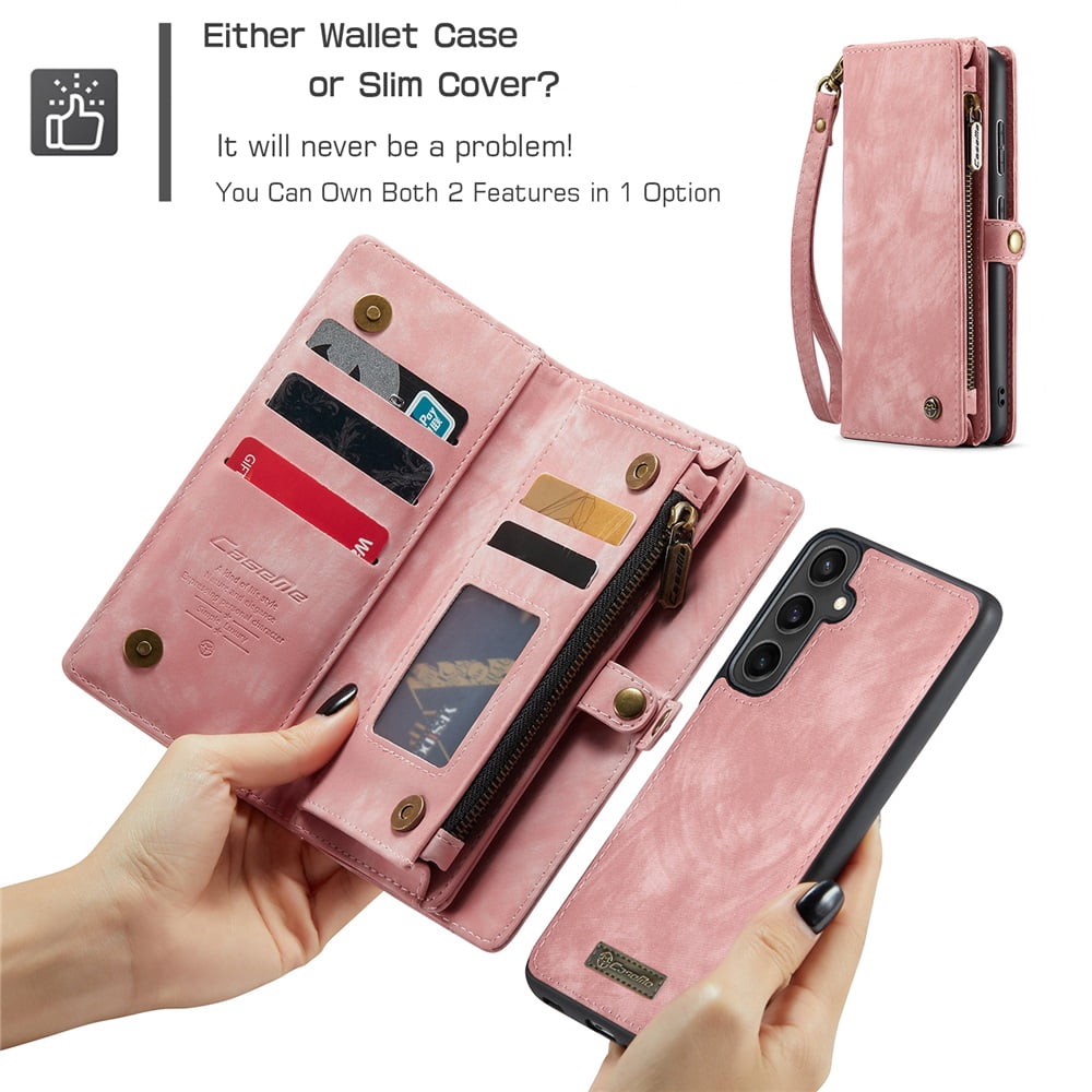 CaseMe Leather Case for Samsung Galaxy S23 FE 5G,2 in 1 Detachable Wallet Case with 8-Card Holder Zipper Bills Slot,Magnetic Shockproof Flip Leather Cover Zipper Pocket Phone Cases,Pink