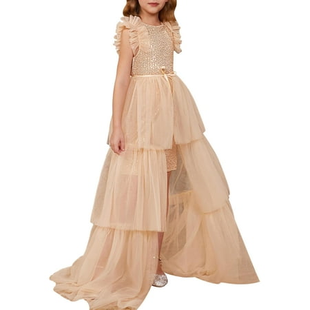 Drtj 2-14T Kids Teens Girls Dresses Sequin Party Formal Pageant Dress Tween Birthday Tulle Prom Princess Maxi Dress