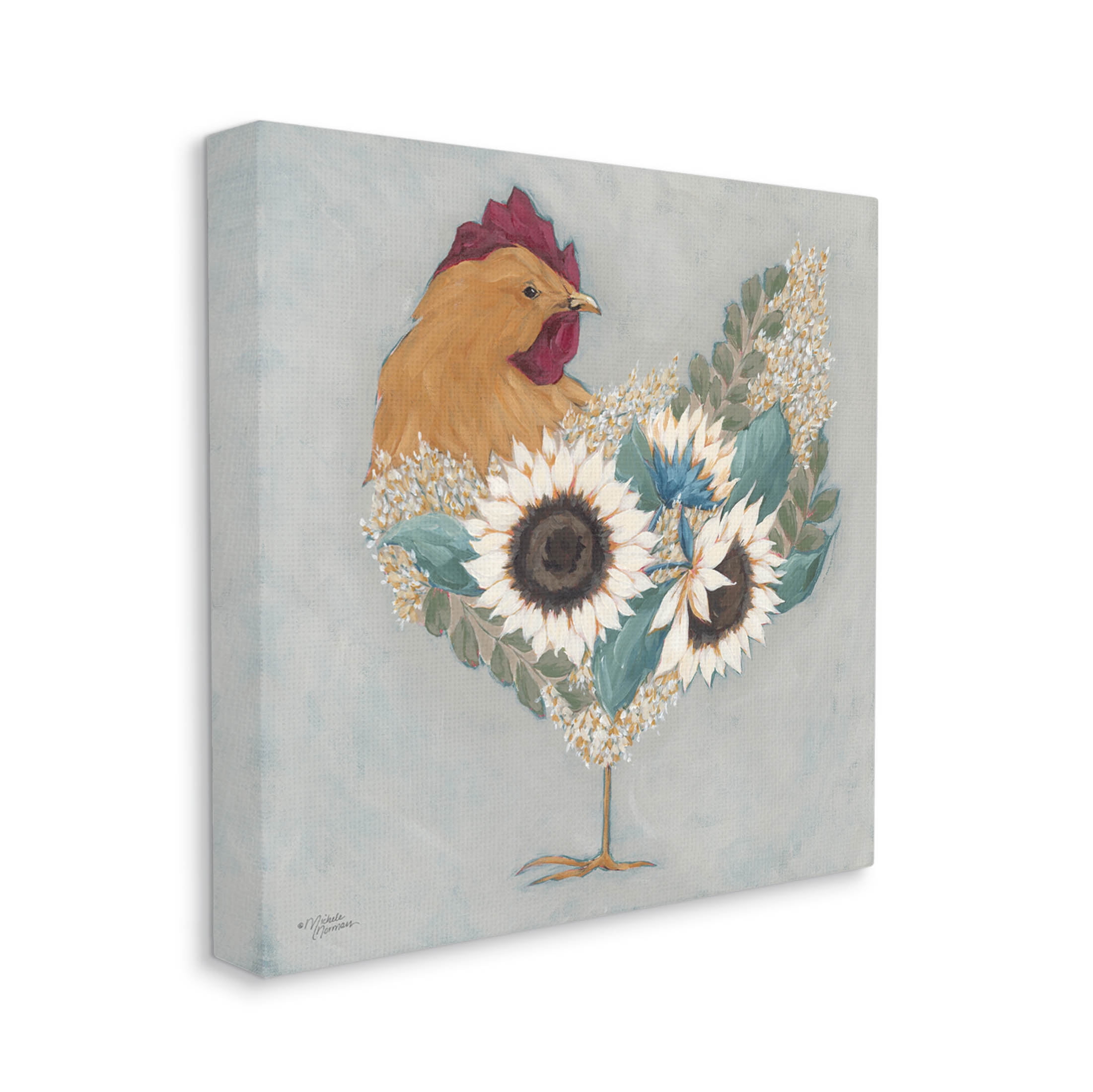 Stupell Industries Farm Rooster Layered Floral Blossoms Painting Gallery Wrapped Canvas Print Wall Art, Design by Michele Norman