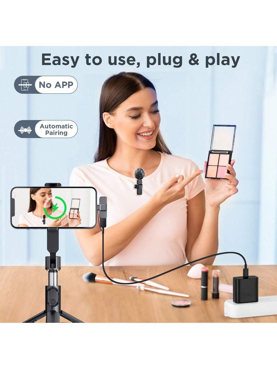 Professional Wireless Lavalier Microphone For Smartphone, Plug-Play Wireless Microphone For Video/Audio Recording, Clip On Lapel Mic For Interview/Vlog/Teaching