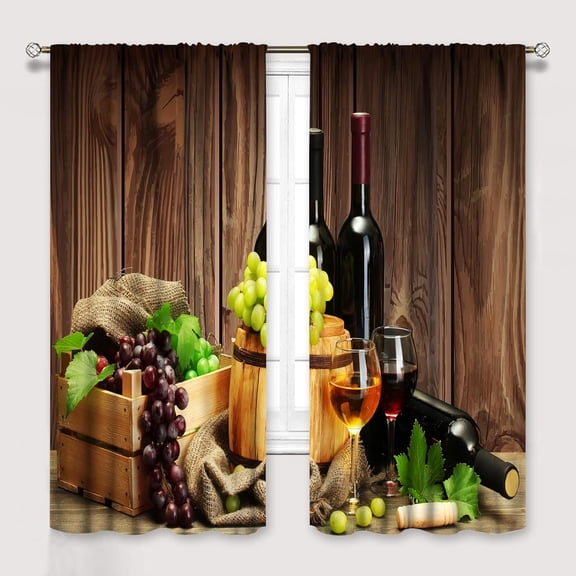Rustic Kitchen Curtains, Farmhouse Glasses of Red Wine Grapes on Wooden Table Window Treatments for Cafe Living Room Bedroom Decor, French Romantic Brown Barrels Drapes,52x84 Inch