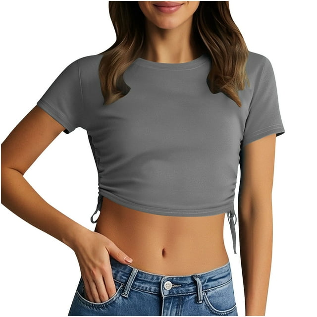 hotojiny Hauts Courts pour Femmes Doux Col Rond Manches Courtes Cordon Latéral Chemise Ajustée Unie Extensible Sortie Mode Urbaine Été Tendance
