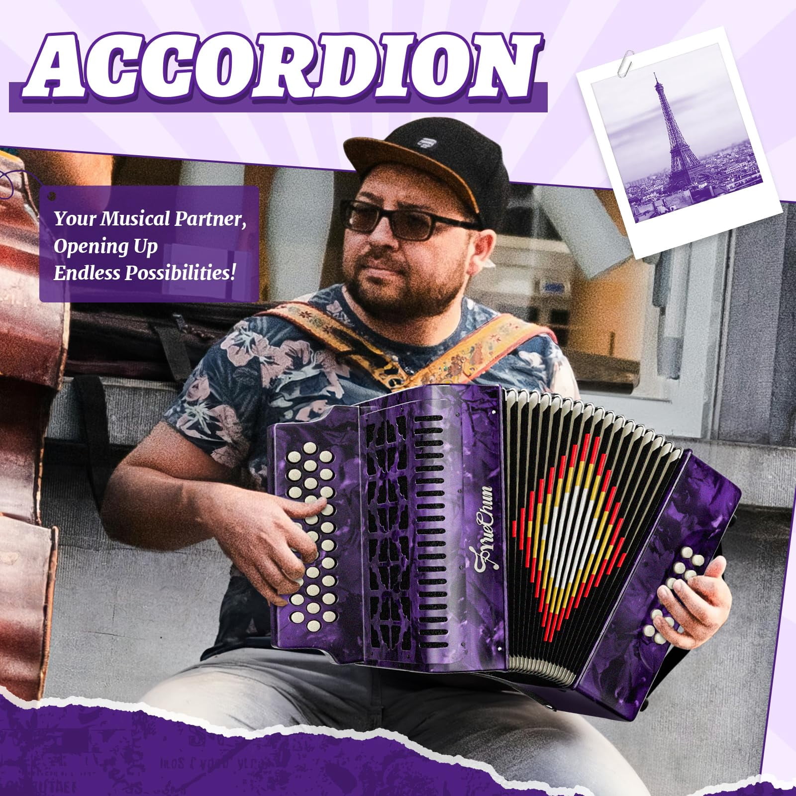 YueChun Accordion, 31 Keys 12 Bass G/C/F Diatonic Button Accordion , Portable Professional Button Accordion with Case (Purple)