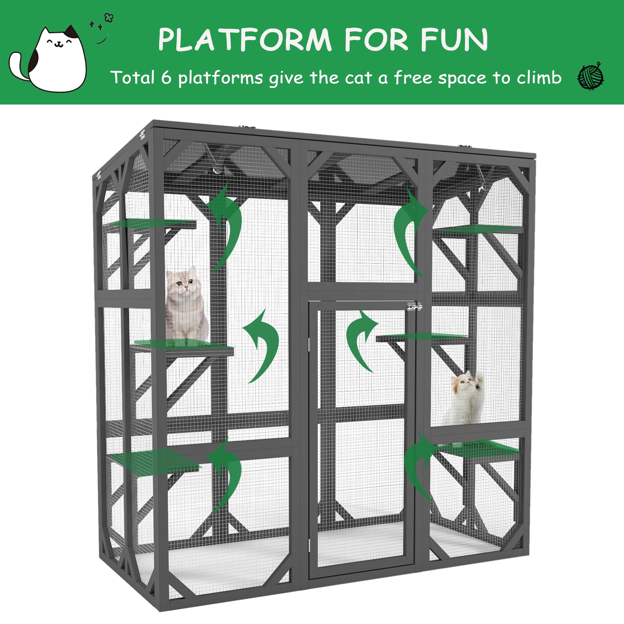 Catio Outdoor Cat Enclosure Cat House Wooden Cat Cage Large Feral Cat Shelter for Mulitiple Cats with Six Platforms, Large Enter Door, Waterproof Roof 60" Grey