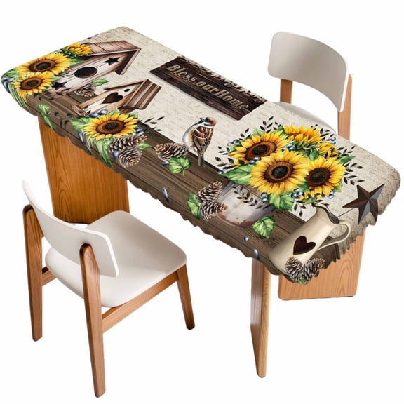 Farmhouse Sunflowers Table Cloths for 8 Foot Rectangle Tables, Western Star Country Bird Pine Cone Patio Waterproof Elastic Fitted Tablecloths, Washable Rectangular Table Cover for Camping