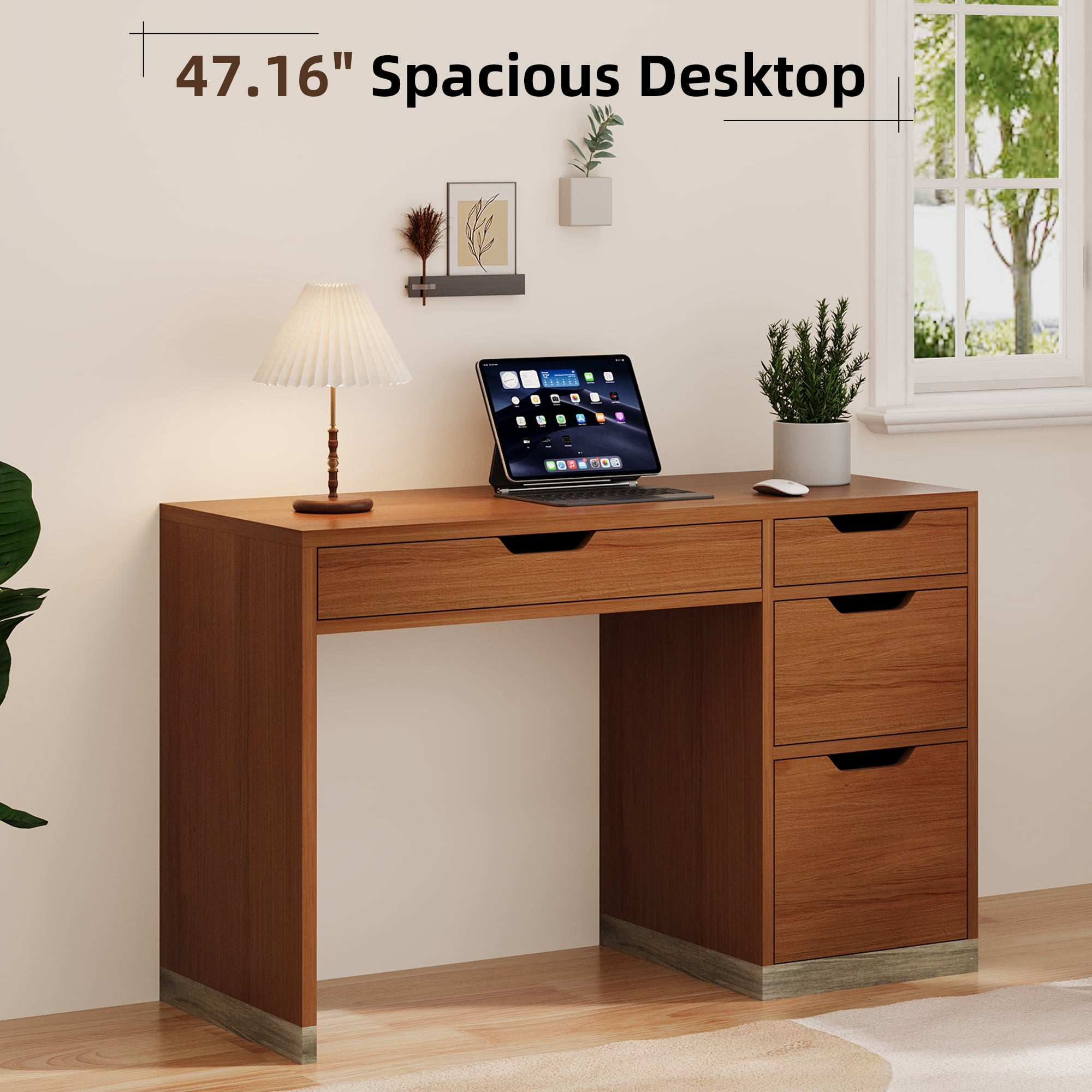 4 EVER WINNER 48" Computer Desk with Drawers, Home Office Writing Desk with Spacious Legroom, Modern Study Desk for Bedroom, Office and Small Spaces，Brown