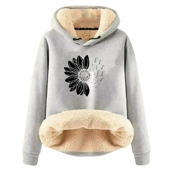 Ladies' Autumn And Winter Casual Chrysanthemum Print With Thick For Warmth Solid Color And Color Cardigan Lamb Hooded Sweatshirt Jacket Snap down Sweatshirt Women Long Sleeve Drawstring Top Hoodie Zip
