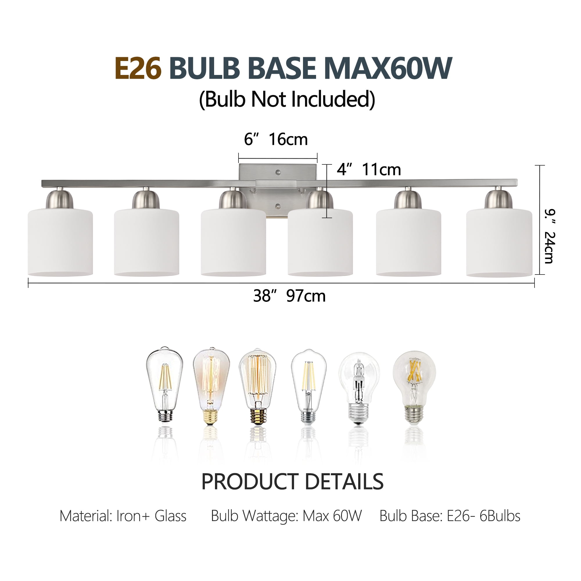 Jopath 6-Light Modern Vanity Light Over Mirror, Wall Sconces with Milky White Frosted Glass Shades for Bathroom, Hallway, or Bedroom Nickel (Bulbs Not Included)