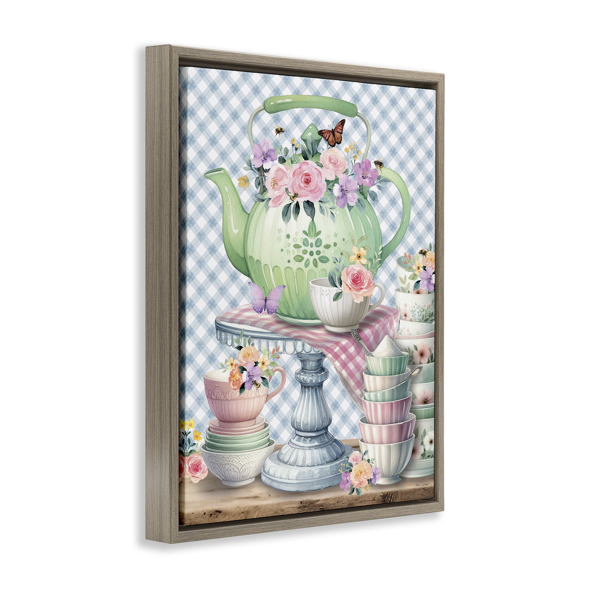 Stupell Industries Tea Kettle on Gingham Food & Beverage Painting Brown Floater Framed Canvas Art Print Wall Art, 25 x 31