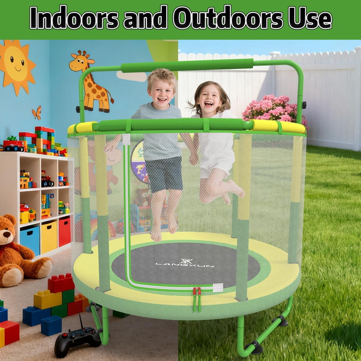 LANGXUN 6-in-1 Mini Trampoline 60" 5ft, Toddler Indoor Outdoor Trampoline with Swing, Basketball Hoop, Dart Board & Rings, Perfect Gift for Boys Girls