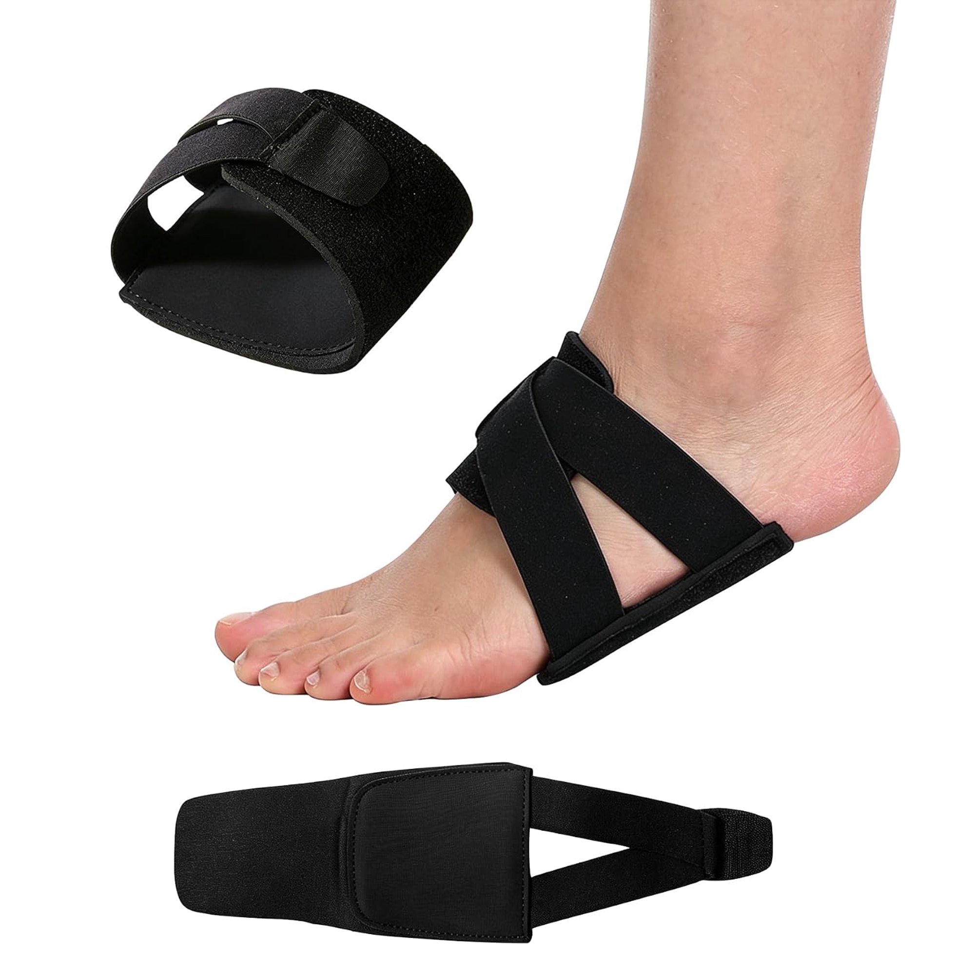 1 Pair Foot Arch Support Brace with Splint Pads, Adjustable Plantar Fasciitis Strap for Pain Relief, Fallen Arches, Flat Feet High and Fallen Arch Unisex (Black, One Size)