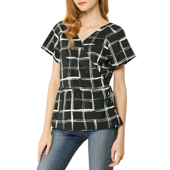 Allegra K Women's Plaid Drawstring Waist Short Sleeve V-Neck Peplum Wrap Blouse