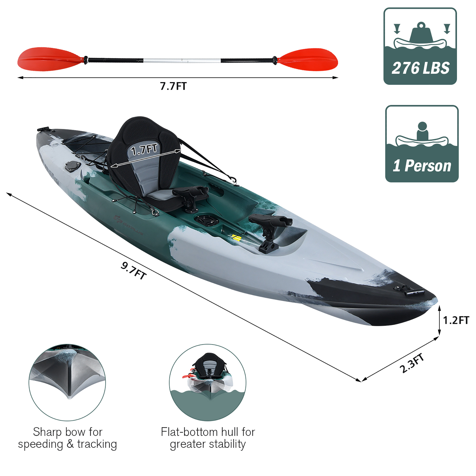 Costway Single Sit-on-Top Fishing Kayak Single Kayak Boat W/Fishing rod holders & Paddle - image 3 of 10