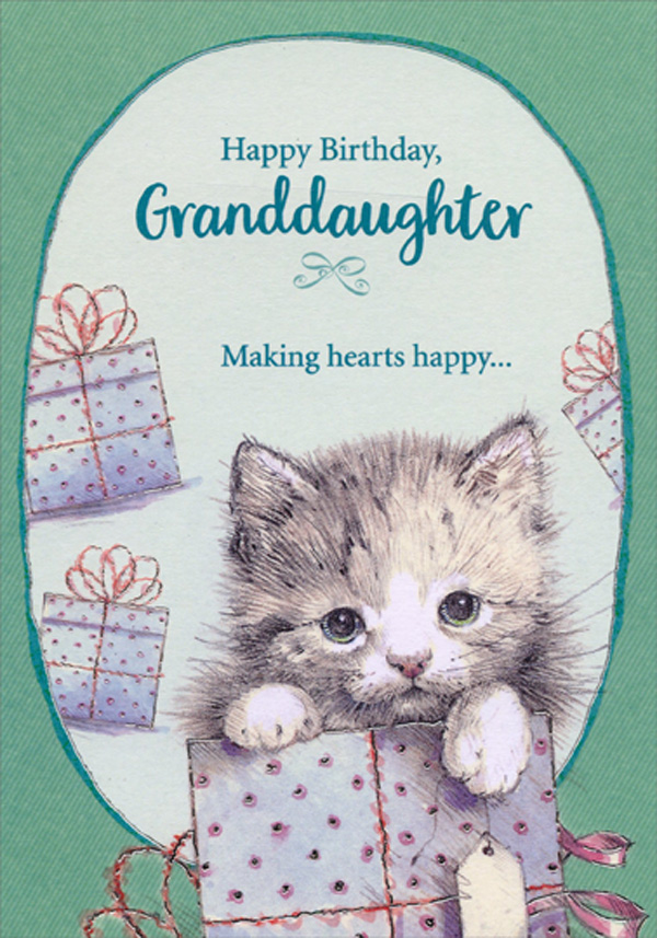 Designer Greetings Gray Kitten with Paws on Present Birthday Card for Granddaughter