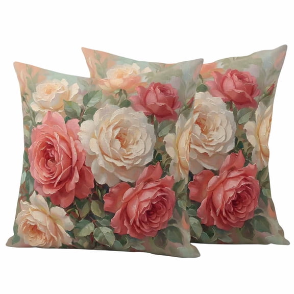 2 Pack Outdoor Waterproof Throw Pillow Covers,Pastoral Rose Romantic Flowers Decorative Square Pillow Case Patio Pillowcases for Chair Couch Sofa 16x16in