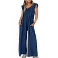 thumbnail image 3 of Womens Fashion Summer Solid Casual V Neck Sleeveless Belted High Waist Long Pants Rompers Dark Blue qILAKOG Size L, 3 of 8