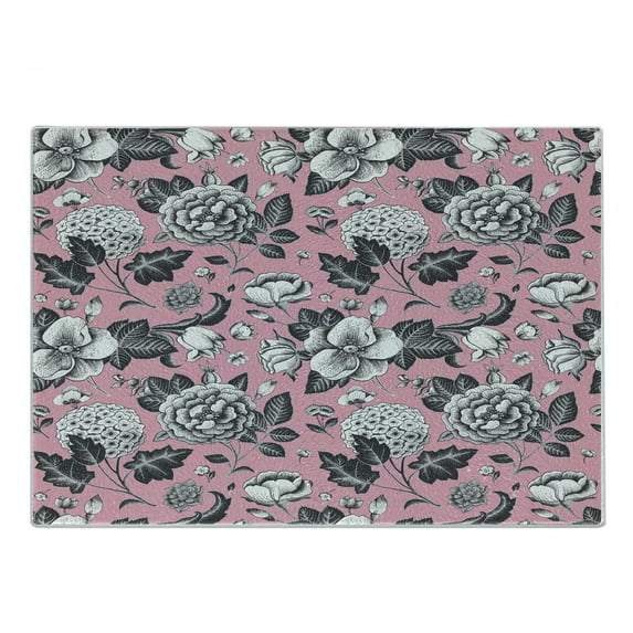 Floral Cutting Board, Vintage Big Garden Flowers with Leaves Tulips Buds Art Sketchy Image, Decorative Tempered Glass Cutting and Serving Board, Small Size, Coral Black and White, by Ambesonne