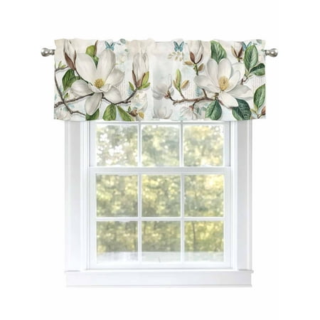 Magnolia Flowers Butterfly Valances for Windows Rod Pocket Kitchen Valance Curtains - Soft & Washable Small Window Treatment for Living Room Bathroom Spring Plants 42x12 Inch 1 Panel