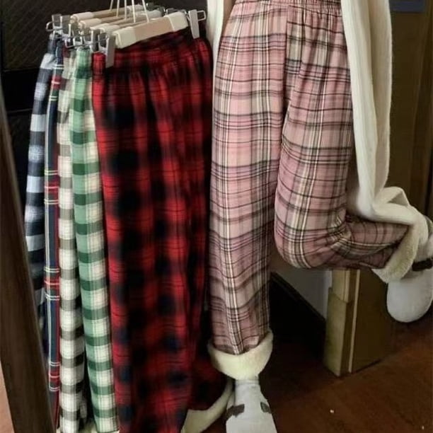 Pantalones a cuadros de piel de cordero con forro polar grueso para otoño e invierno, pantalones rectos holgados y adelgazantes de cintura alta para mujer, pantalones casuales de pierna ancha que