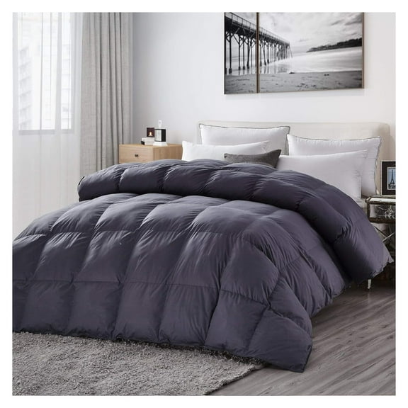 Luxurious All-Season Goose Down Fiber Comforter Duvet Insert, Classic Gray, Premium Baffle Box, 100% Egyptian Cotton Cover, 55 oz. Fill Weight ()