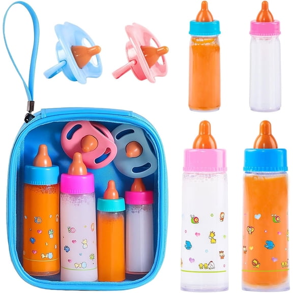 Baby Doll Bottle Accessories - 6 Pcs Feeding Bottle Toys, Magic Disappearing Milk & Juice, Pretend Play Set with Pacifiers Kids Gift Blue