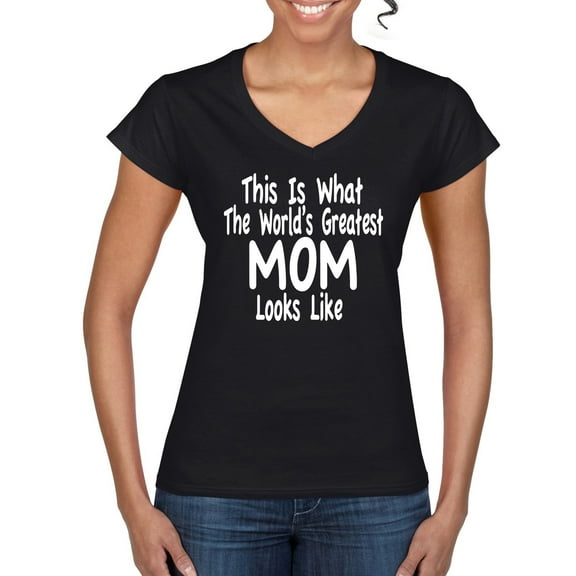 World's Greatest Mom Looks Like Mother's Day Women's Standard V-Neck Tee, Black, Small