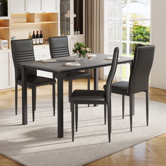 UHOMEPRO 5 Piece Dining Table Set with 4 Padded Faux Leather Chairs, Modern Rectangle Kitchen Table Set for 4, Compact Dining Room Table and Chair Set for Apartment Small Space, Gray Black