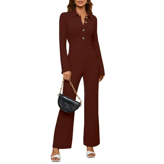 Women Jumpsuit, Button Loose Fit Jumpsuit Pure Color For Lady For Weddings M Coffee