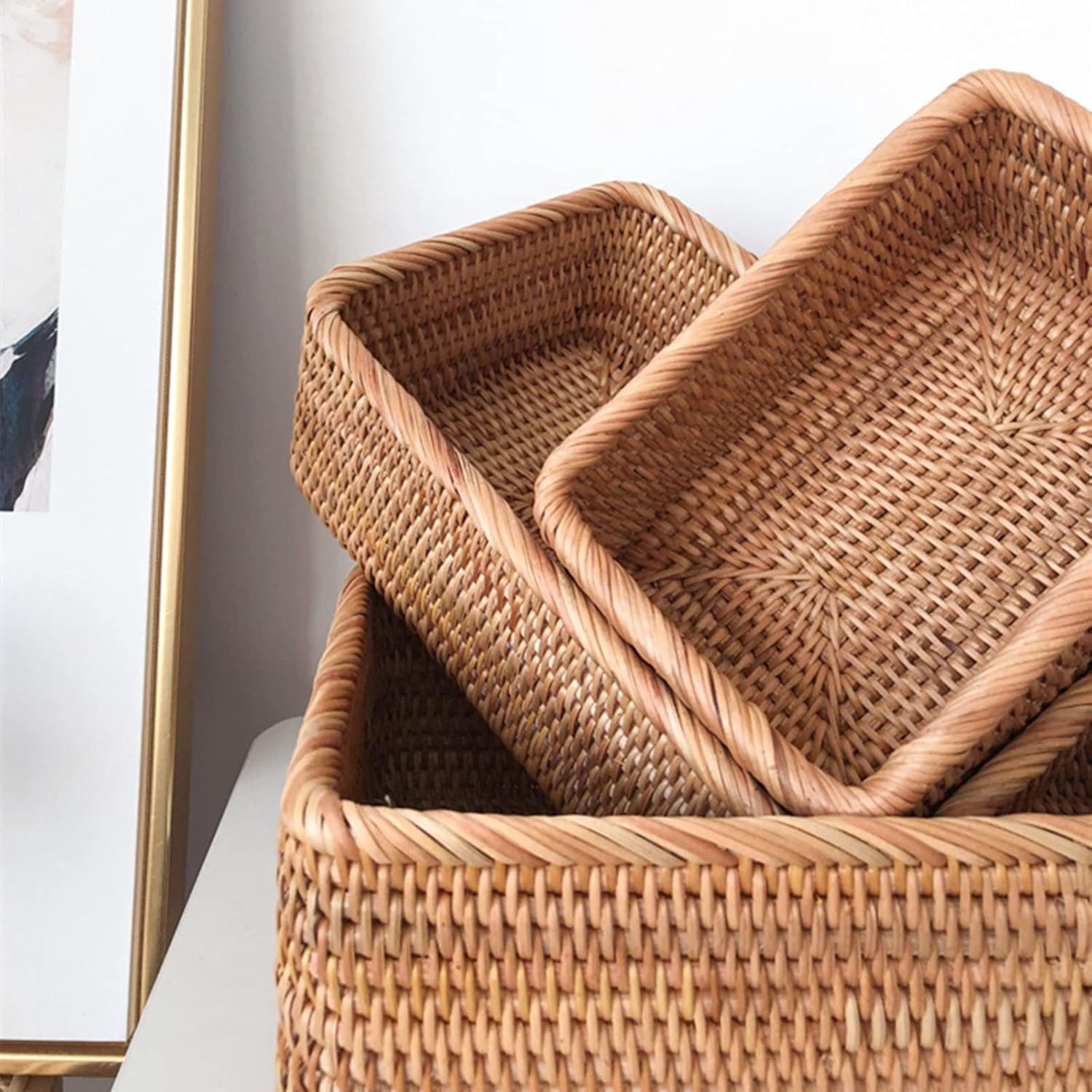3 Pack Rectangular Rattan Storage Baskets, Bulk Shallow Wicker Baskets for Decor, Handmade Woven Nesting Bread Baskets for Organizing, Serving, for Kitchen, Home, 3 Sizes