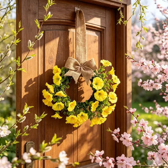 YTTAL 10.63 Inch Artificial Flower Wreath, Rustic Farmhouse Wreath with Burlap Bow, Christmas & All-Season Front Door Decor, Yellow/White Floral Wreath for Holiday Home