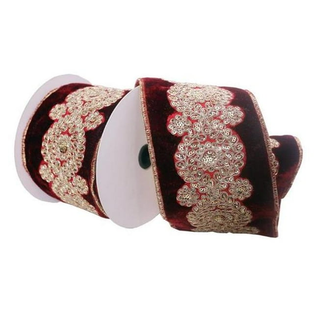 Vickerman Q222310 4 in. x 5 Yard Wine Velvet Ribbon with Light Gold Sequin Embroidery Wired Edge Christmas Ribbon