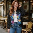 thumbnail image 2 of SCRAWLGOD Rose Butterfly Print Blue Black Womens Long Sleeve Zip Up Jacket Outfits Crewneck Casual Soft Coat Lightweight Sweatshirts with Pockets for Shopping Office, S, 2 of 7