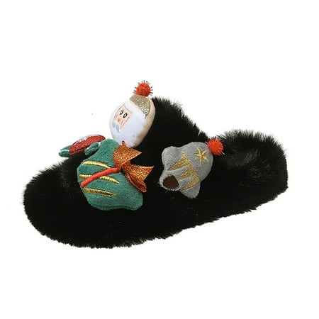 

YTIANH Christmas House Slippers for Women with Arch Support House Shoes for Ladies with Rubber Sole Winter Indoor Slides Xmas Tree Embroidered Slip On (Black 7-8 Years)