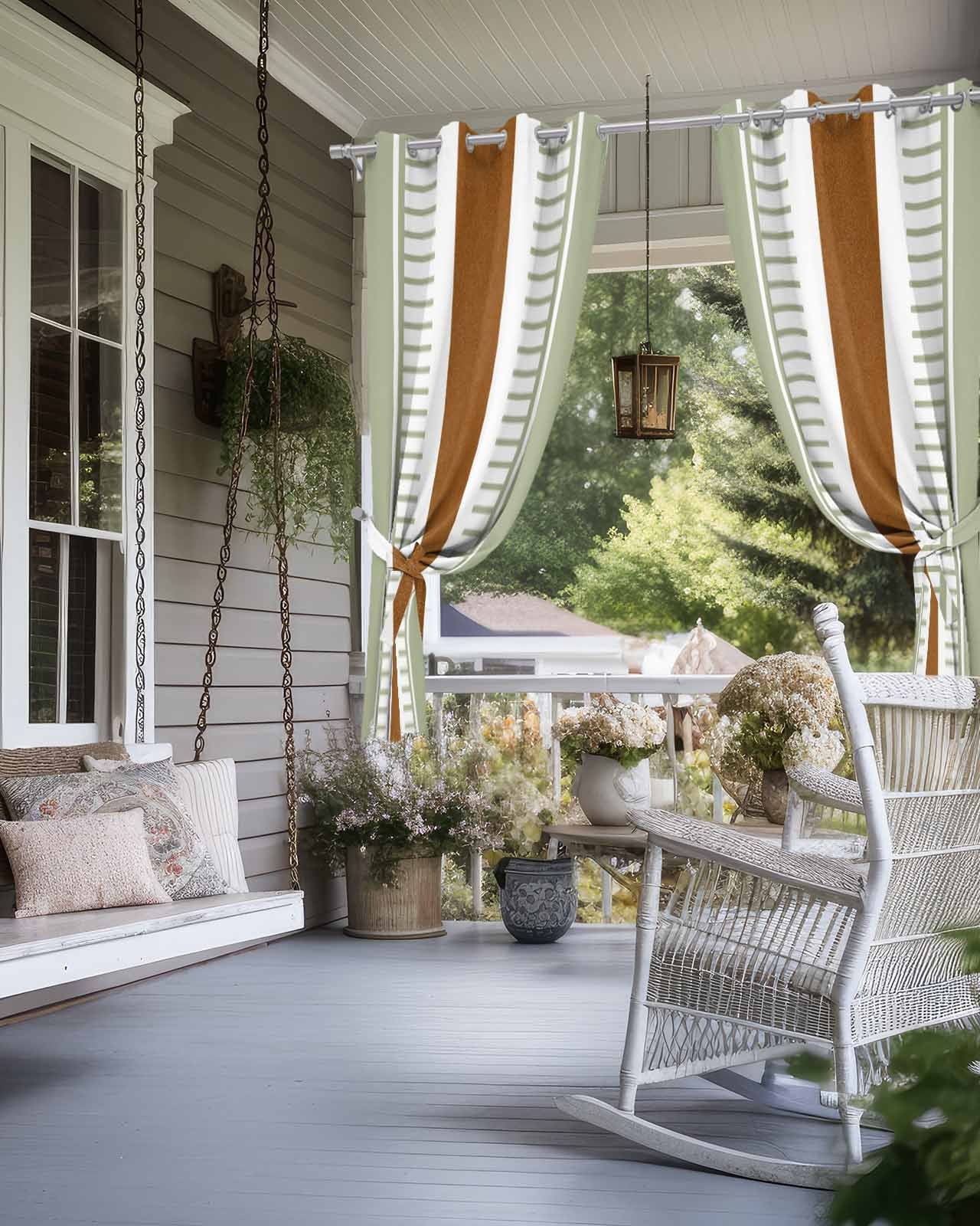 Outdoor Curtains for Patio Boho Sage Green and Brown Striped Geometric Retro Waterproof Privacy Outside Curtains with Tiebacks Grommet Top Pergola Curtains for Cabana Gazebo 2 Panels, 54x84 inch