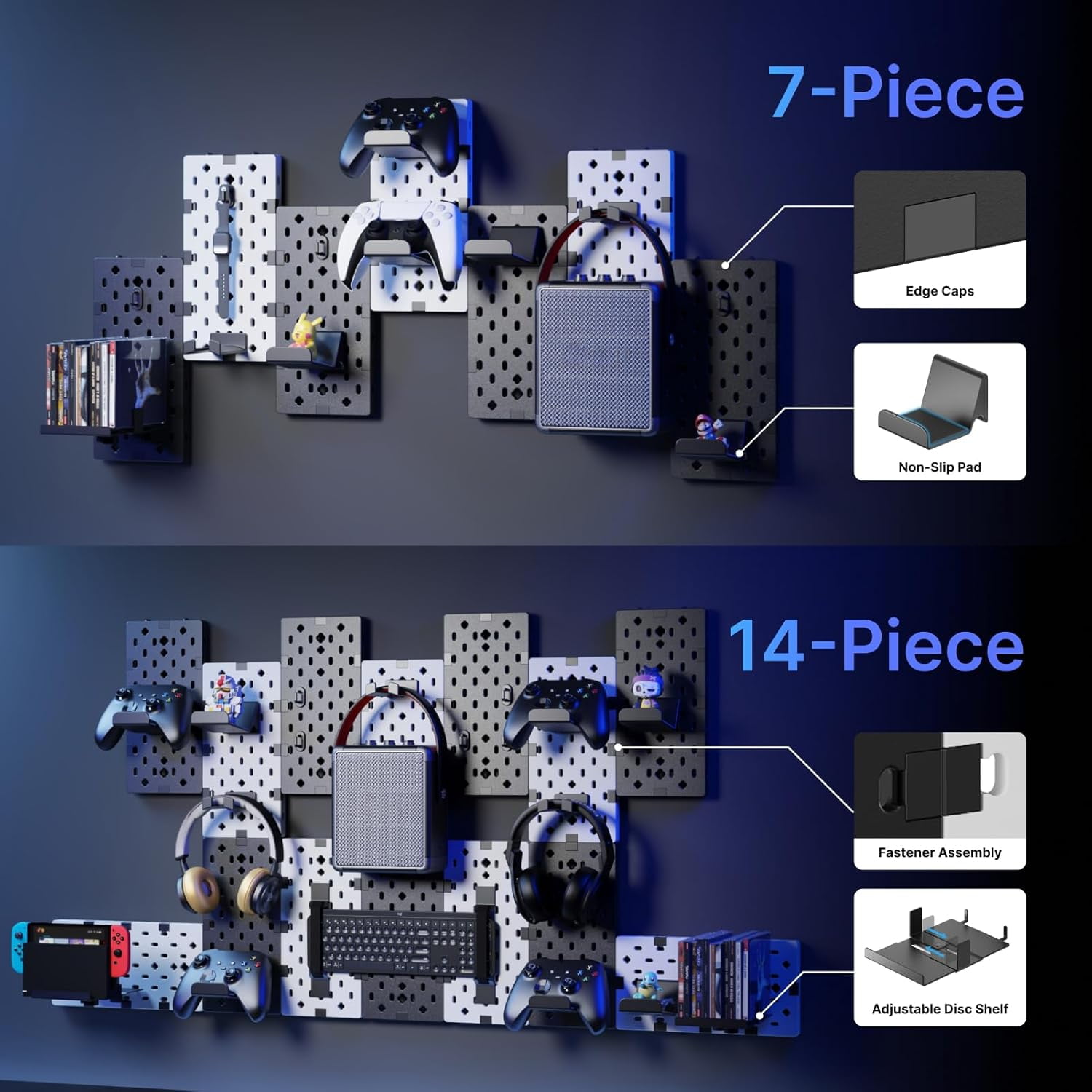 PEGZONE Controller and Headphone Holder Wall Mount, Modular Gaming Pegboard with Accessories, Controller Stand for Xbox PS5 PS4 Switch, Video Game Storage, Disc Shelf Organizer, 14pcs Pegboard, White