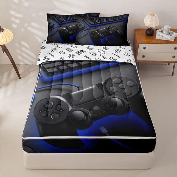 Homewish Video Game Controller Zipper Twin Comforter Sets with Fitted Sheet and 2 Pillowcases,Gamer Gaming Zipper Bedding Set For Boys Kids,Reversible,4 Pieces
