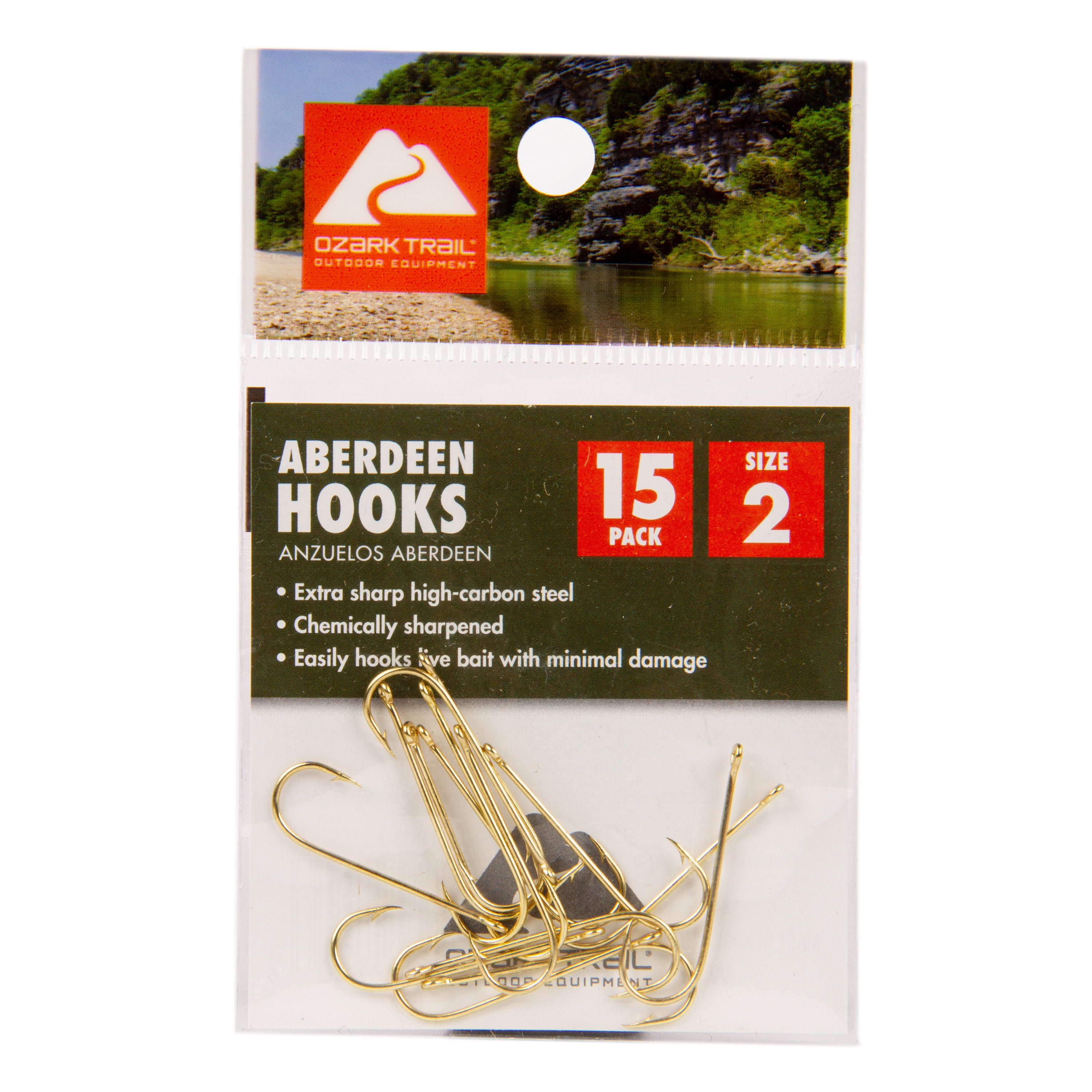 (6 pack) Ozark Trail Freshwater Gold Aberdeen Light Wire Fishing Hooks, Size 2, 15-pack