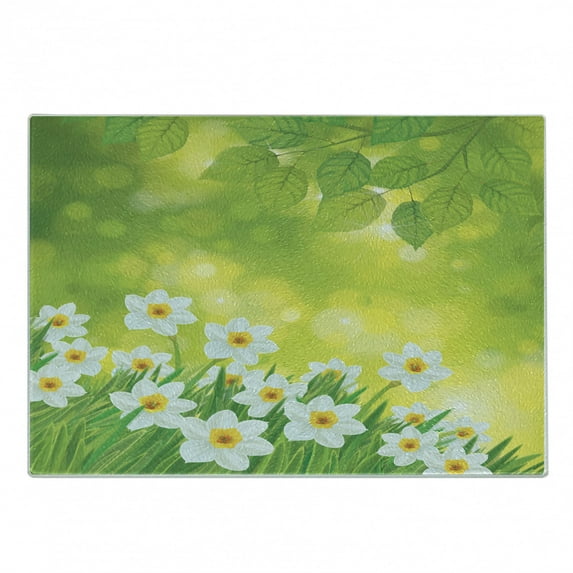 Daffodil Cutting Board, Daffodils Under Vibrant Tree Branch Leaves Spring Petals Seasonal Foliage Theme, Decorative Tempered Glass Cutting and Serving Board, Small Size, Green Yellow, by Ambesonne