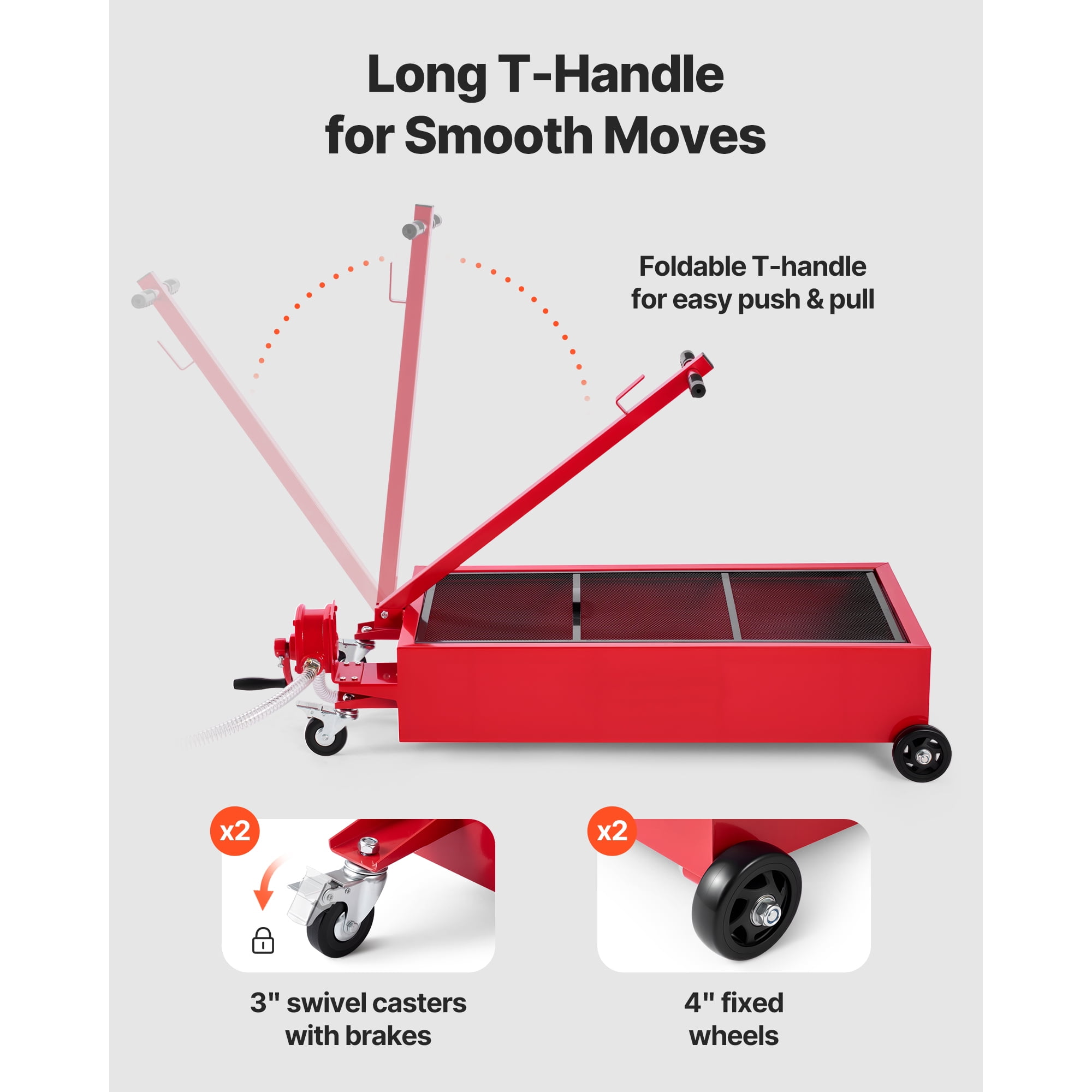 KFFKFF 20-Gallon Low-Profile Oil Drain Pan with Manual Pump, Rolling Design, 7.2 ft Hose, T-Handle, Durable and Corrosion-Resistant, Suitable for Cars, SUVs, Trucks, and ATVs, Red