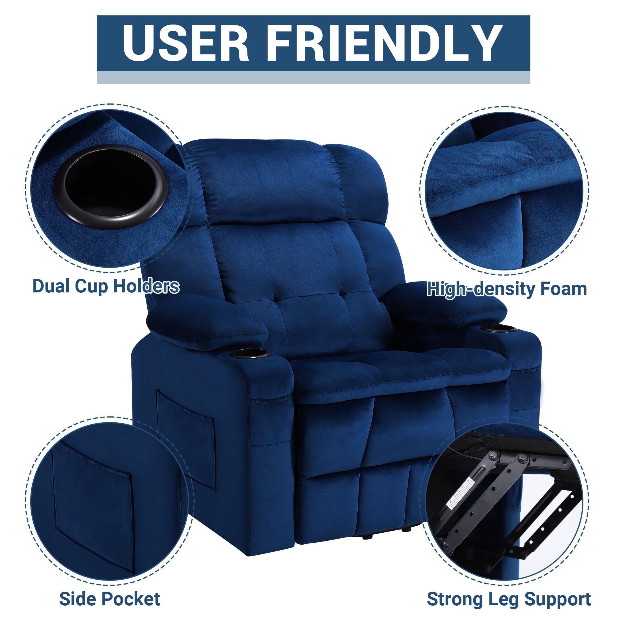 PAPROOS Large Power Lift Recliner Chair with Massage and Heat for Elderly Big and Tall People, Overstuffed Wide Recliners with 2 Cup Holders, Side Pocket for Living Room, Single Sofa, Blue