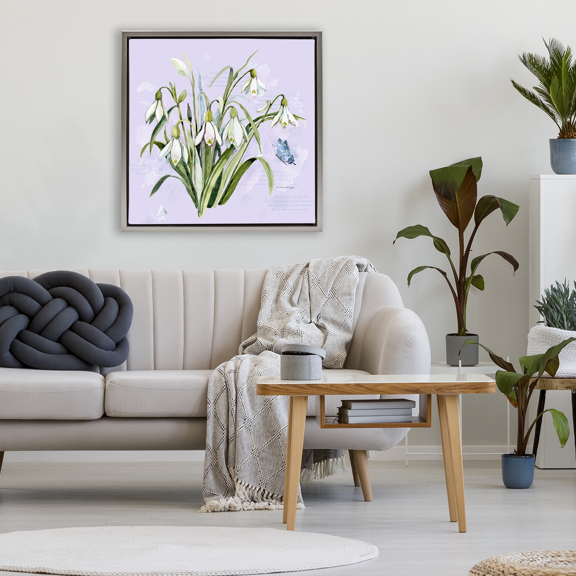 Stupell Industries Snowdrops with Vintage Writings Gray Framed Floater Canvas Wall Art, design by Susan Winget