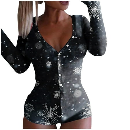 

Yinguo Women Christmas Print Long Sleeve Nightwear Jumpsuit Bodysuit Playsuit Romper