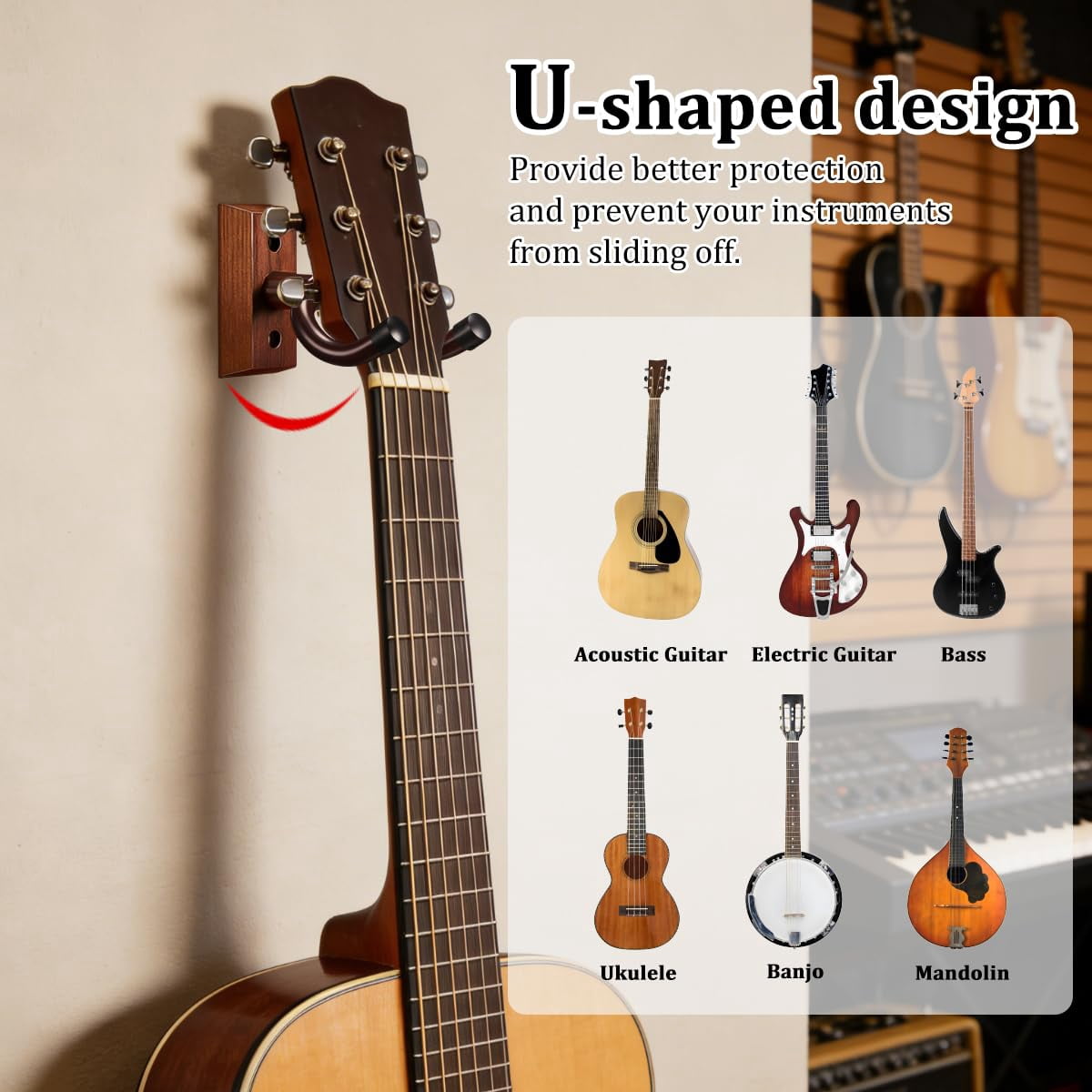 6pack Guitar Wall Mount Bulk Wood Hanger For Safe Storage And Display Sturdy Acoustic Electric Bass Banjo Mandolin Sapele