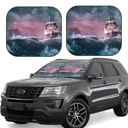 Hirioo Boat Lighthouse Storm Waves for 2PCS Windshield Sun Shade Foldable | Front Windshield Shade for Sun Heat and UV Rays-Large