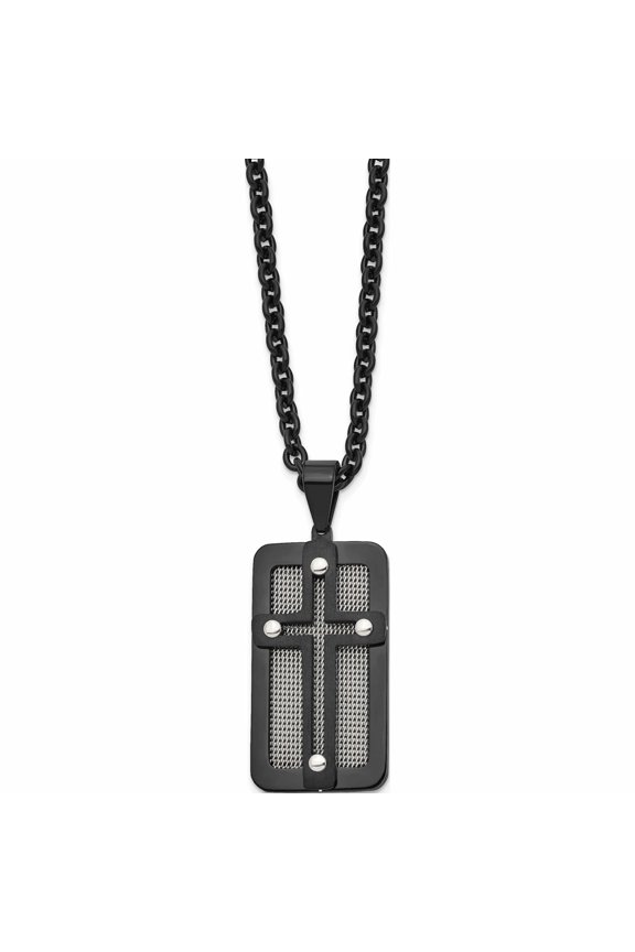 Stainless Steel Polished Black Ip-Plated With Wire Inlay Cross Necklace Made In China -Jewelry By Sweet Pea