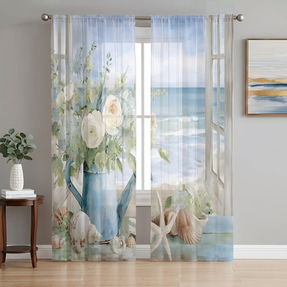 Coastal Floral Sheer Curtains 72 Inch Length 2 Panels Set, Summer Beach Starfish Seashells Ocean Voile Window Treatment Rod Pocket Curtains Sheers Drapes for Bedroom/Living Room/Kitchen 52"x72"x2