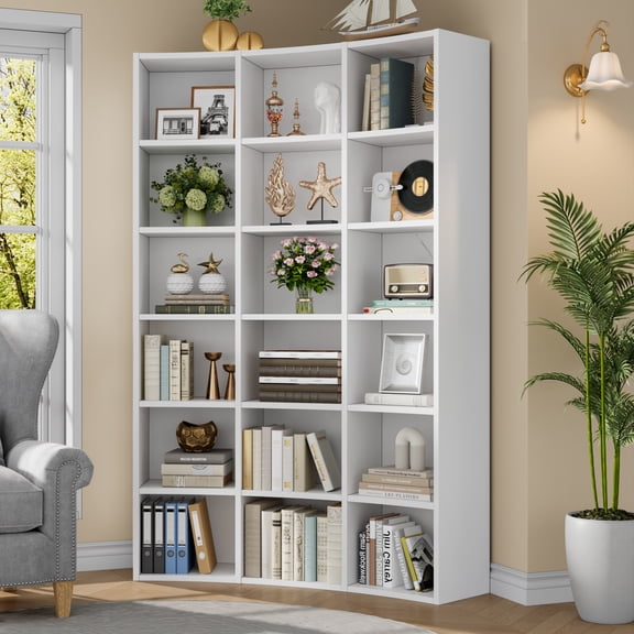 Cikuso 71" Triple Width Bookcase, 18-Cube Curved Bookshelf Corner Bookcase, Curve Shape Display Storage Shelf for Living Room, Home Office, White