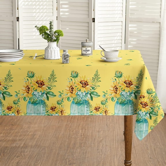 Spring Summer Tablecloth 60x120 Inch Rectangular, Sunflower Vase Hello Sunshine Floral Table Cover for Party Picnic Dinner Decor